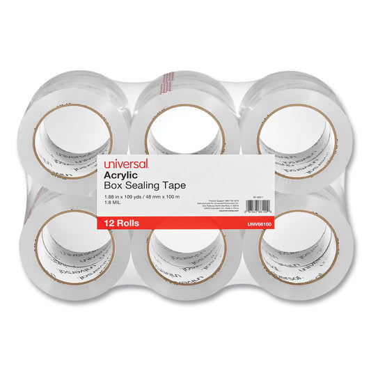 Universal Deluxe General-Purpose Acrylic Box Sealing Tape, 3" Core, 1.88" x 109 yds, Clear, 12/Pack (66100)