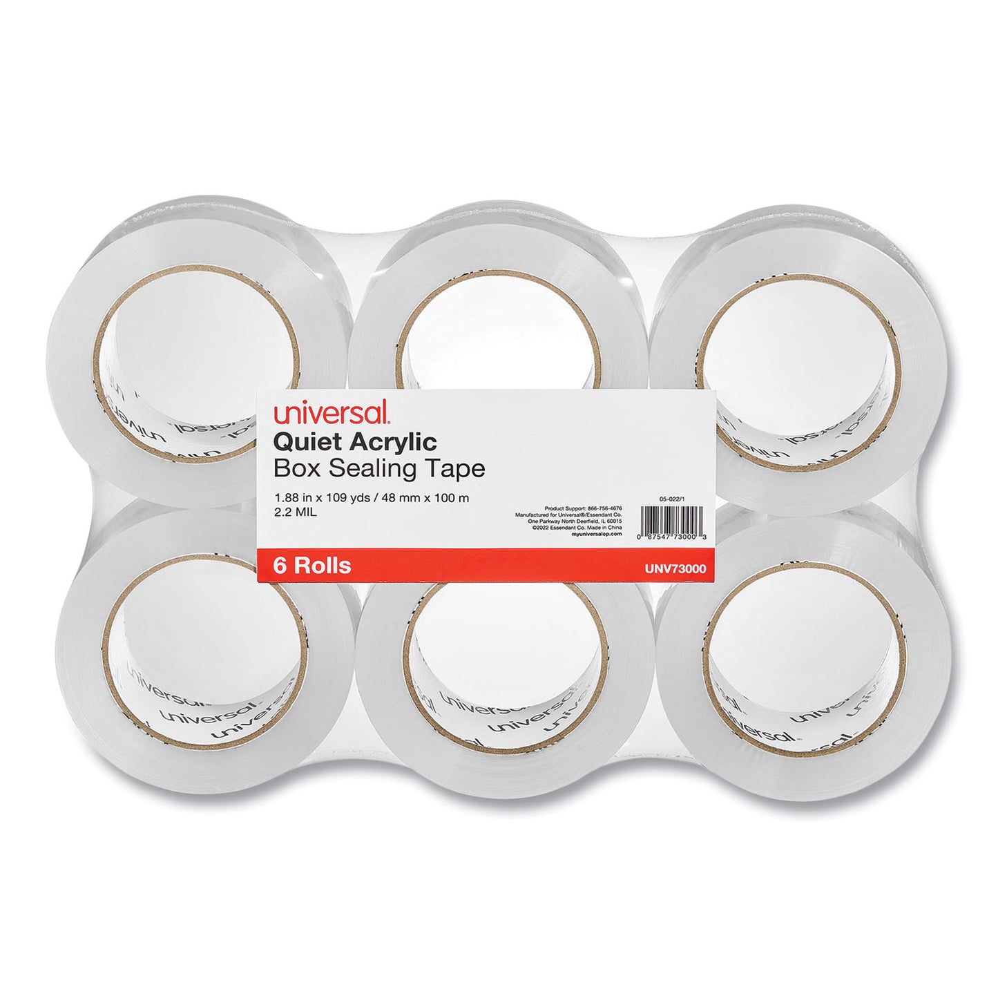 Universal Quiet Tape Box Sealing Tape, 3" Core, 1.88" x 109 yds, Clear, 6/Pack (73000)