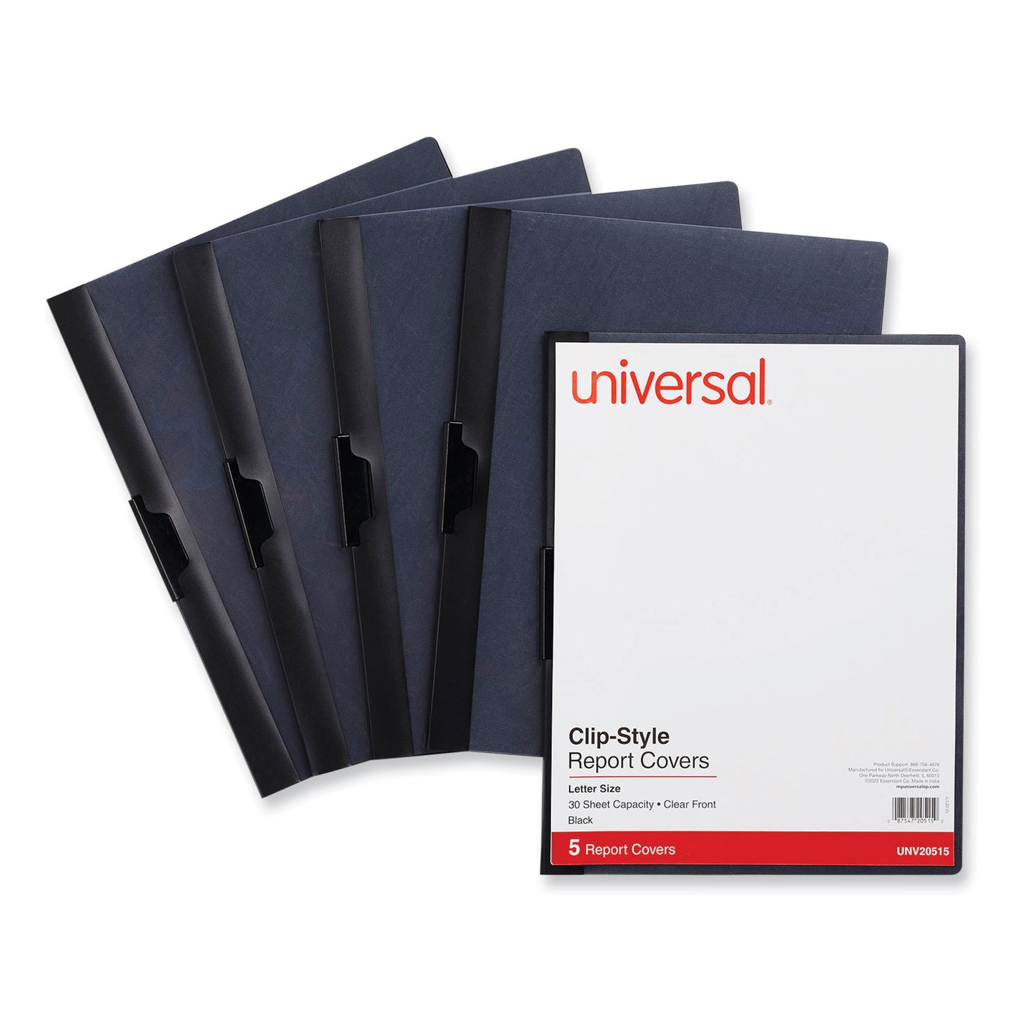 Universal Clip-Style Report Cover, Clip Fastener, 8.5 x 11, Clear/Black, 5/Pack (20515)