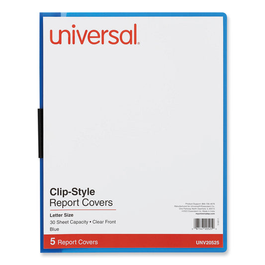 Universal Clip-Style Report Cover, Clip Fastener, 8.5 x 11, Clear/Blue, 5/Pack (20525)