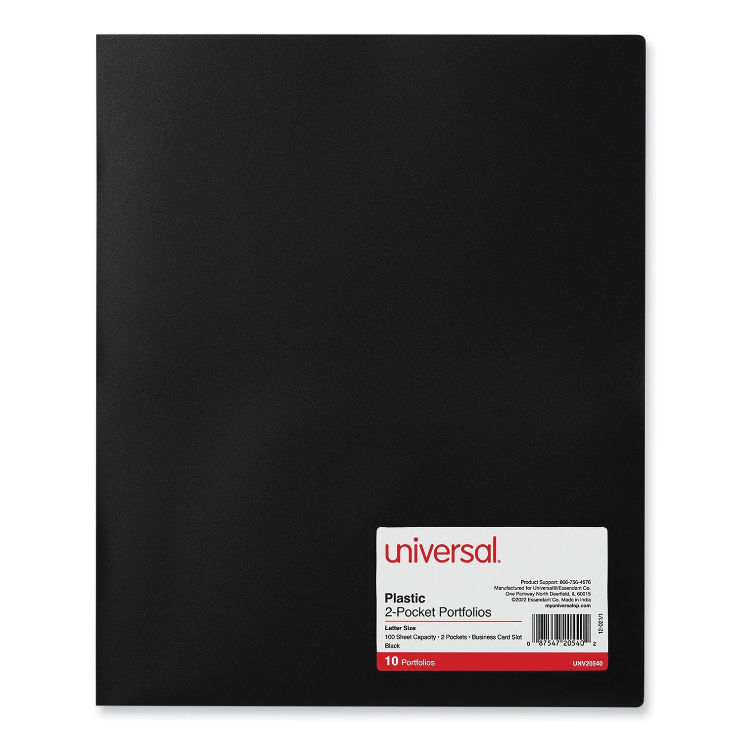 Universal Two-Pocket Plastic Folders, 100-Sheet Capacity, 11 x 8.5, Black, 10/Pack (20540)