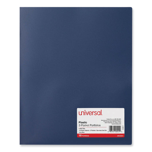 Universal Two-Pocket Plastic Folders, 100-Sheet Capacity, 11 x 8.5, Navy Blue, 10/Pack (20541)