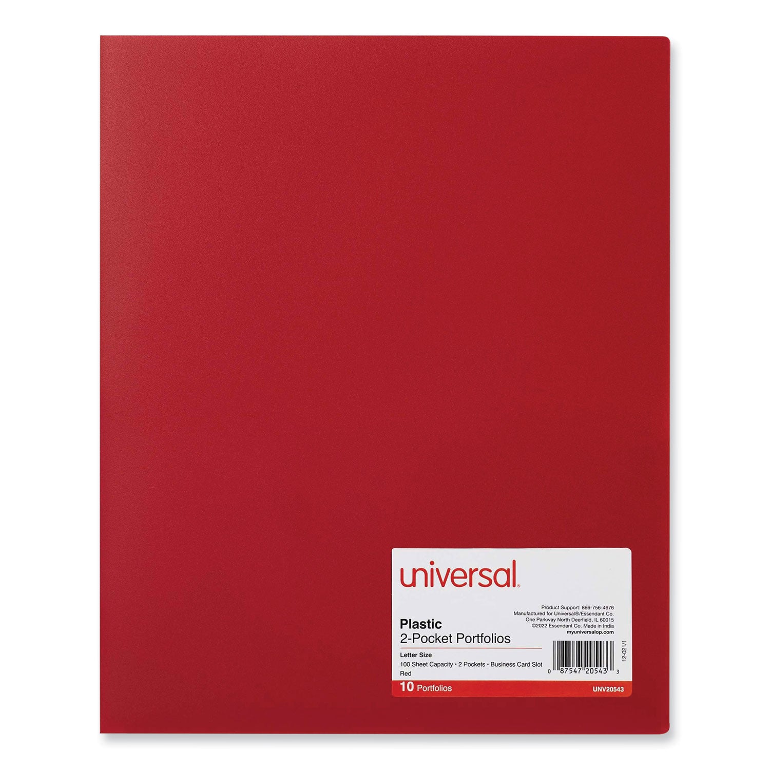 Universal Two-Pocket Plastic Folders, 100-Sheet Capacity, 11 x 8.5, Red, 10/Pack (20543)