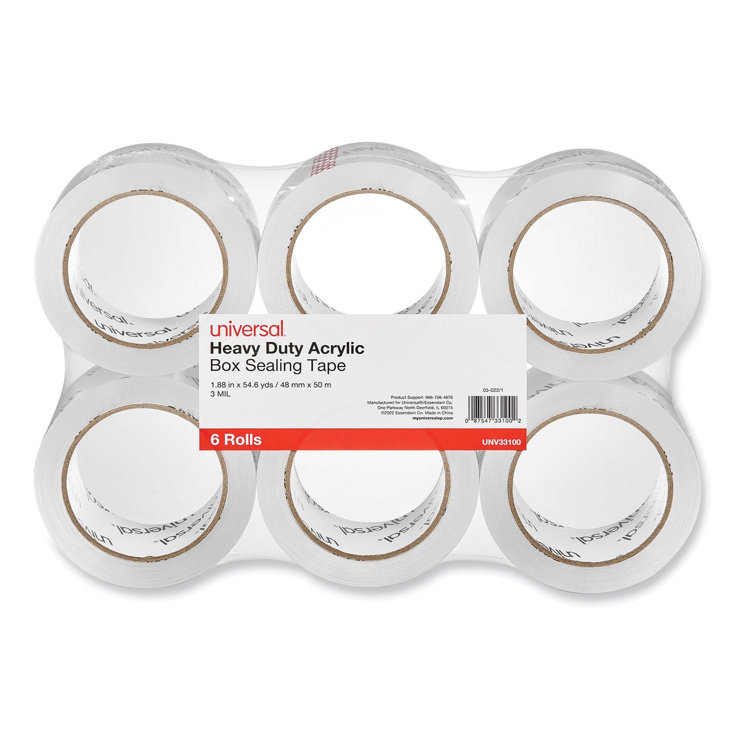 Universal Heavy-Duty Acrylic Box Sealing Tape, 3" Core, 1.88" x 54.6 yds, Clear, 6/Pack (33100)