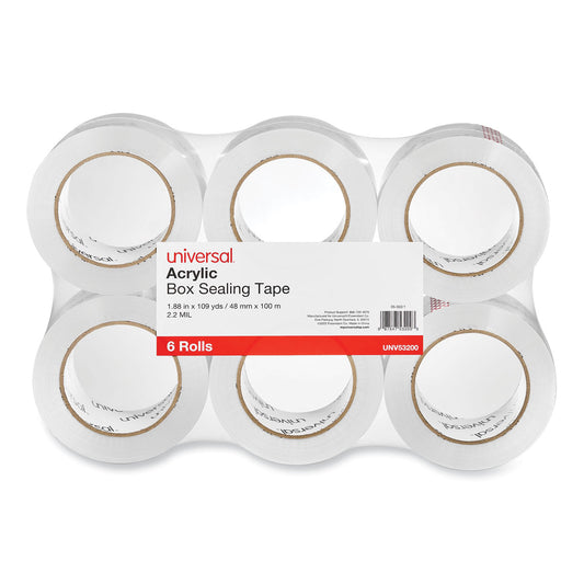 Universal Deluxe General-Purpose Acrylic Box Sealing Tape, 2 mil, 3" Core, 1.88" x 109 yds, Clear, 6/Pack (53200)