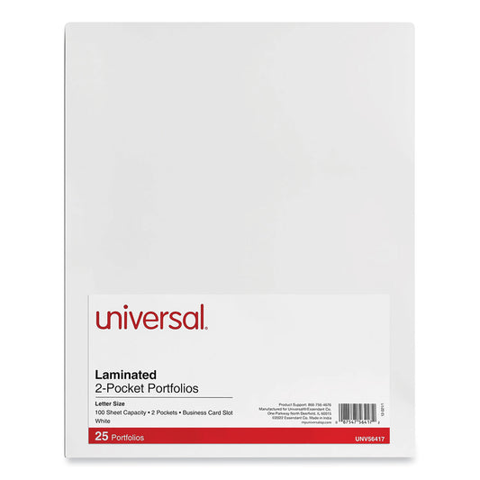 Universal Laminated Two-Pocket Portfolios, Cardboard Paper, 100-Sheet Capacity, 11 x 8.5, White, 25/Box (56417)