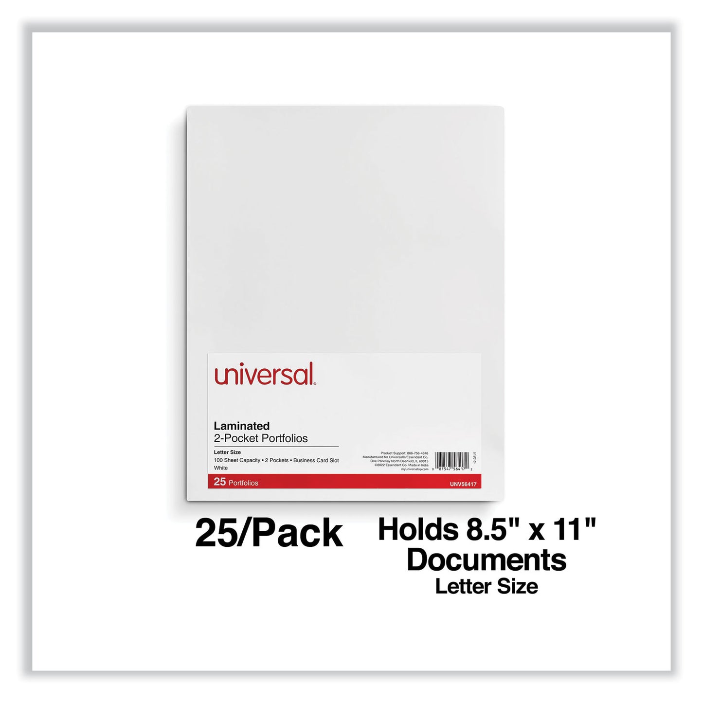 Universal Laminated Two-Pocket Portfolios, Cardboard Paper, 100-Sheet Capacity, 11 x 8.5, White, 25/Box (56417)