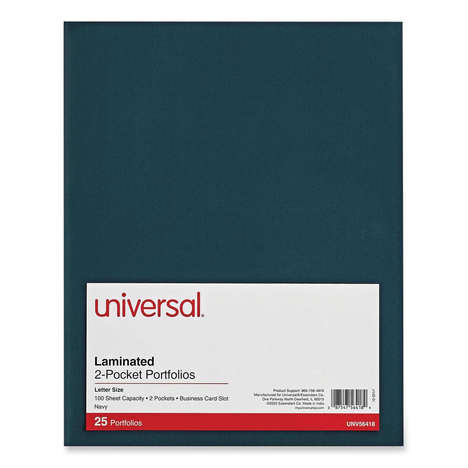 Universal Laminated Two-Pocket Folder, Cardboard Paper, 100-Sheet Capacity, 11 x 8.5, Navy, 25/Box (56418)