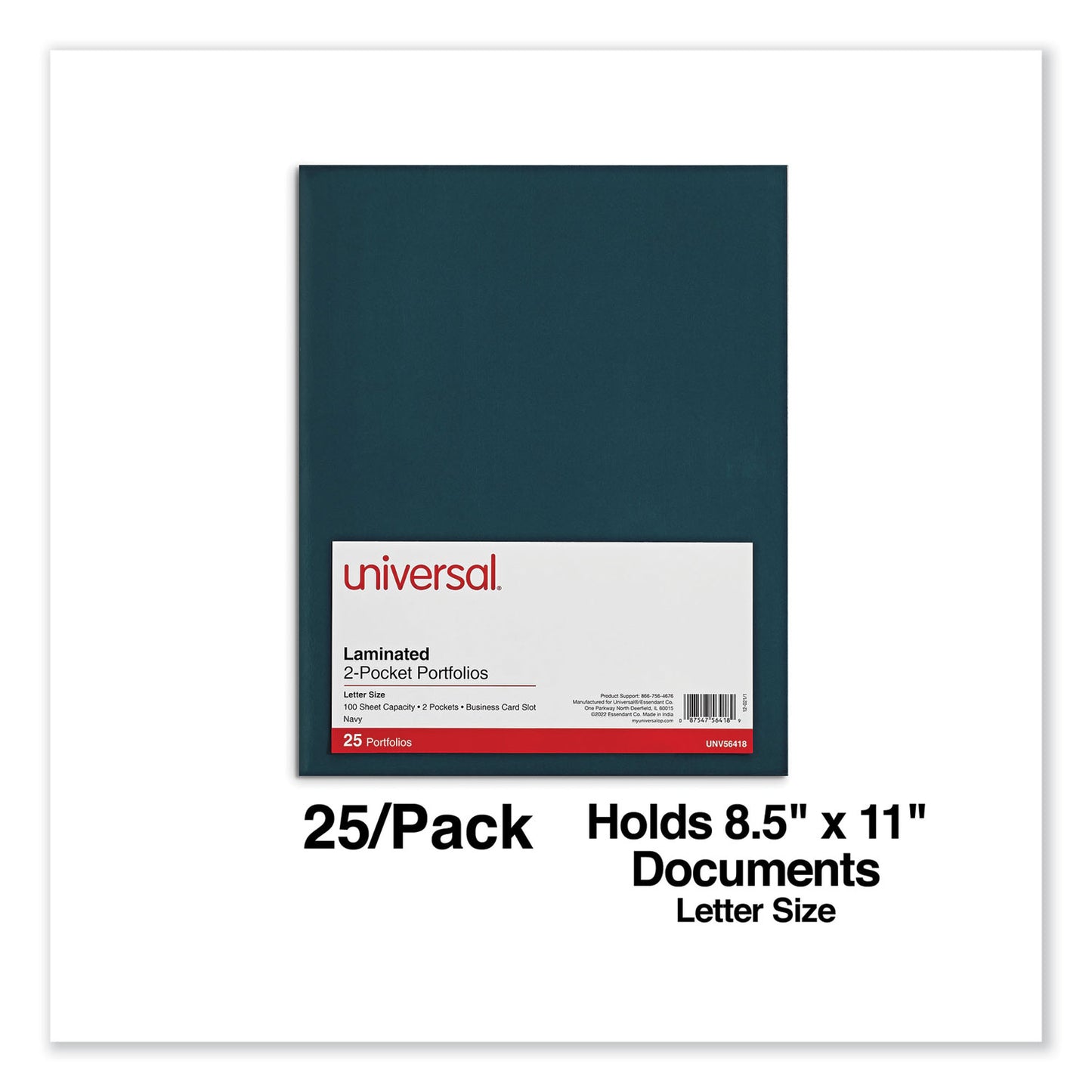 Universal Laminated Two-Pocket Folder, Cardboard Paper, 100-Sheet Capacity, 11 x 8.5, Navy, 25/Box (56418)