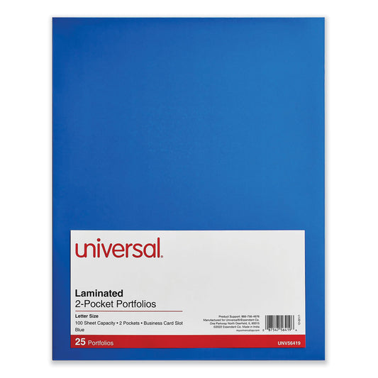 Universal Laminated Two-Pocket Folder, Cardboard Paper, 100-Sheet Capacity, 11 x 8.5, Blue, 25/Box (56419)