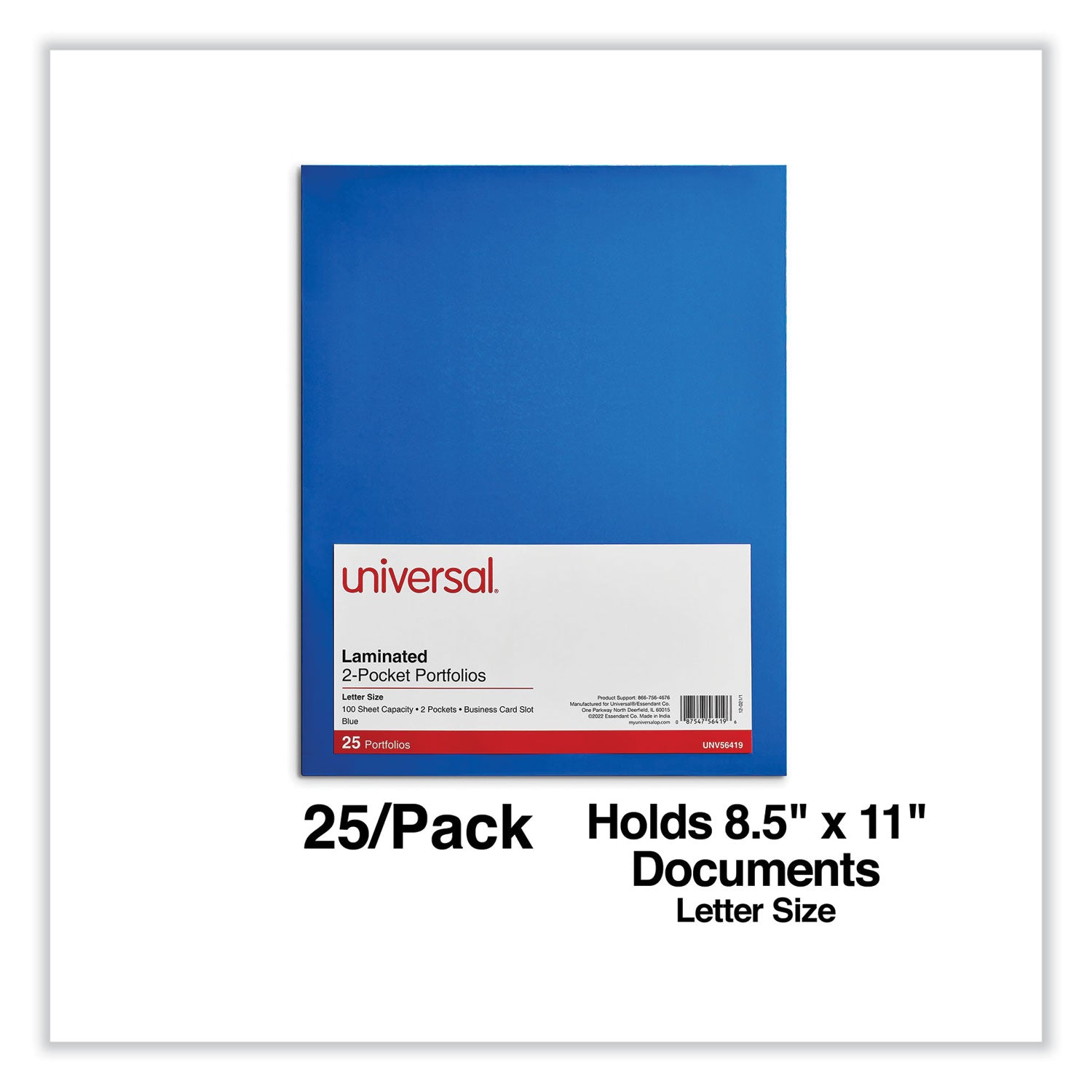 Universal Laminated Two-Pocket Folder, Cardboard Paper, 100-Sheet Capacity, 11 x 8.5, Blue, 25/Box (56419)