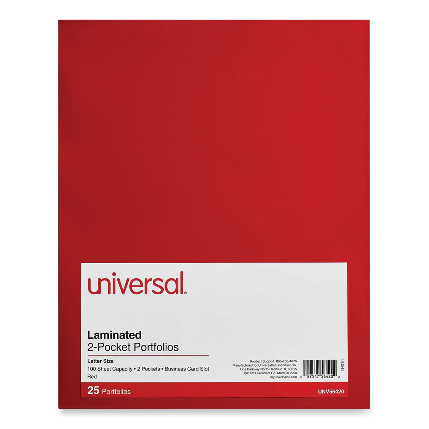 Universal Laminated Two-Pocket Folder, Cardboard Paper, 100-Sheet Capacity, 11 x 8.5, Red, 25/Box (56420)