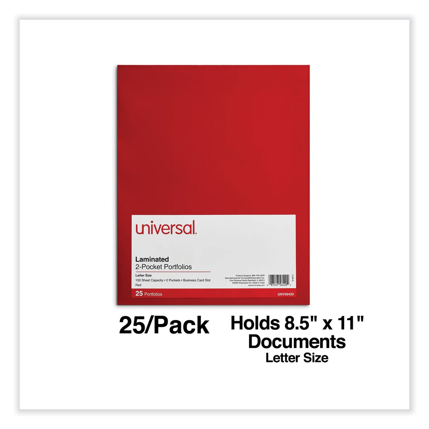 Universal Laminated Two-Pocket Folder, Cardboard Paper, 100-Sheet Capacity, 11 x 8.5, Red, 25/Box (56420)