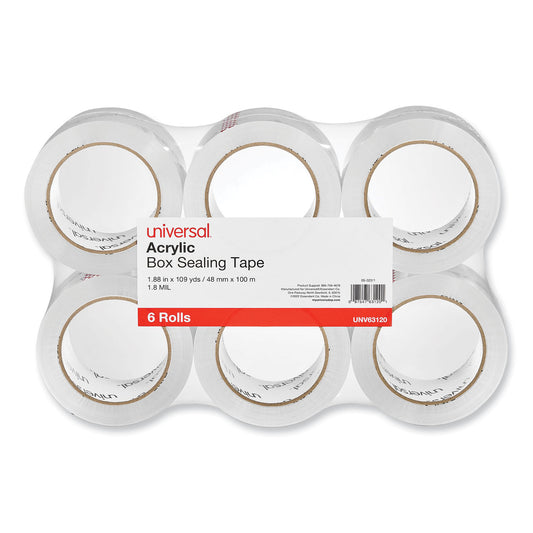 Universal Deluxe General-Purpose Acrylic Box Sealing Tape, 1.7 mil, 3" Core, 1.88" x 109 yds, Clear, 6/Pack (63120)