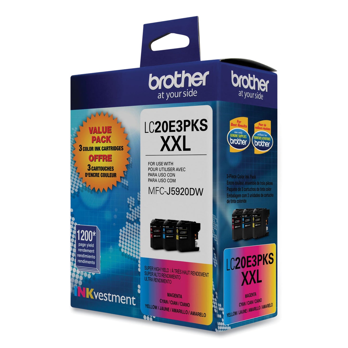 Brother LC20E3PKS Super High-Yield Ink, 1,200 Page-Yield, Cyan/Magenta/Yellow, 3/Pack