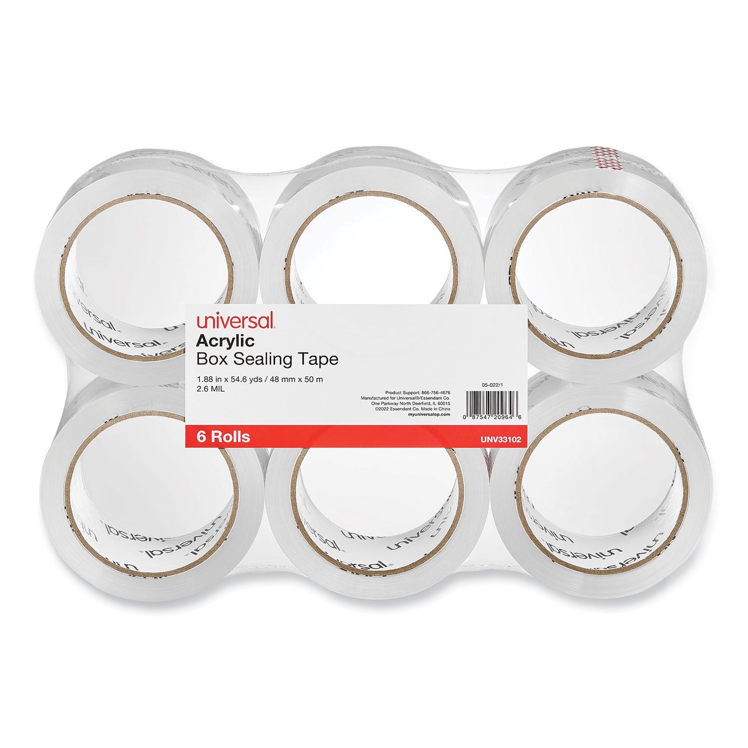 Universal Moving and Storage Packing Tape, 3" Core, 1.88" x 54.6 yd, Clear, 6/Pack (33102)