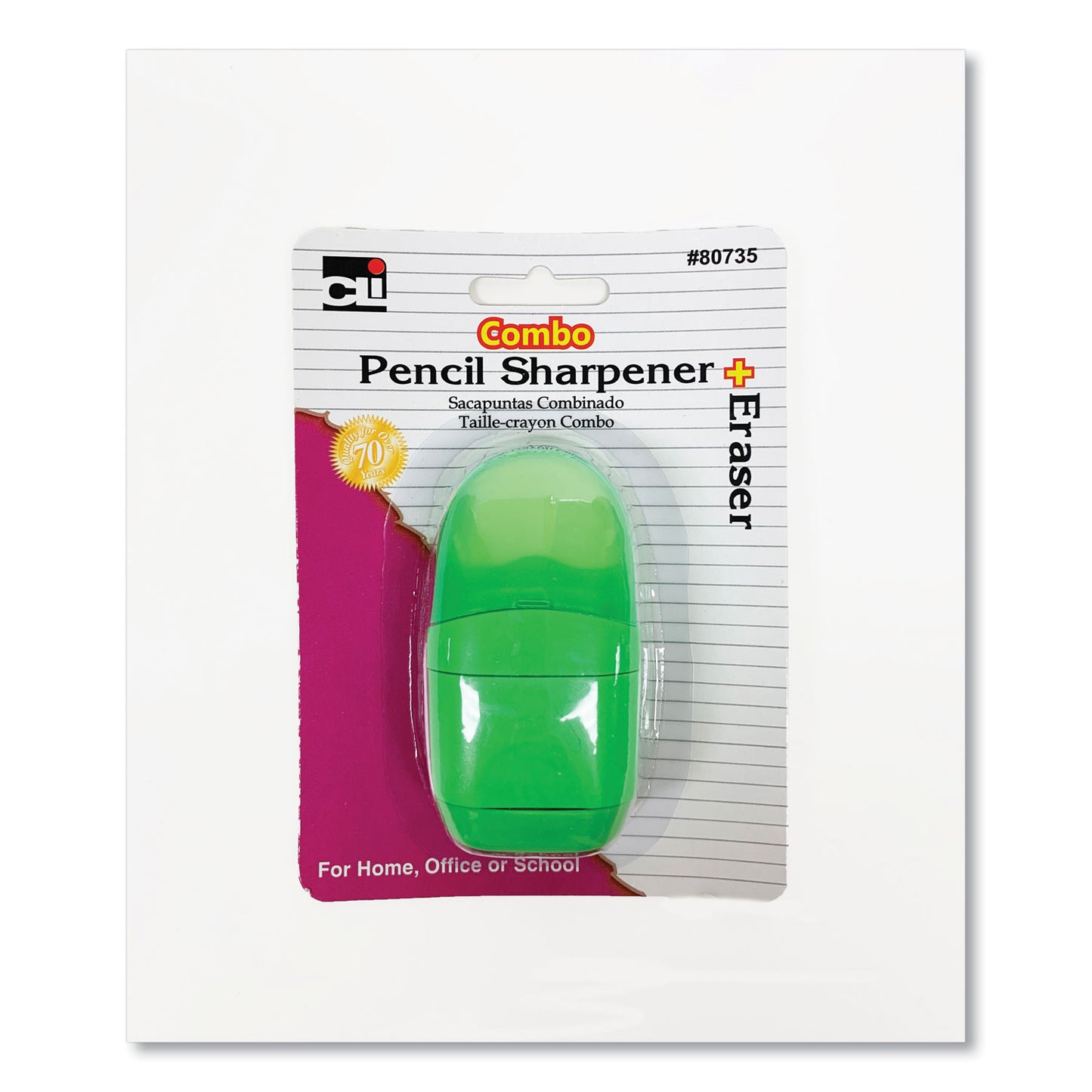 Charles Leonard One-Hole Pencil Sharpener/Eraser Combo, 1" x 0.75", Randomly Assorted Colors (80735)