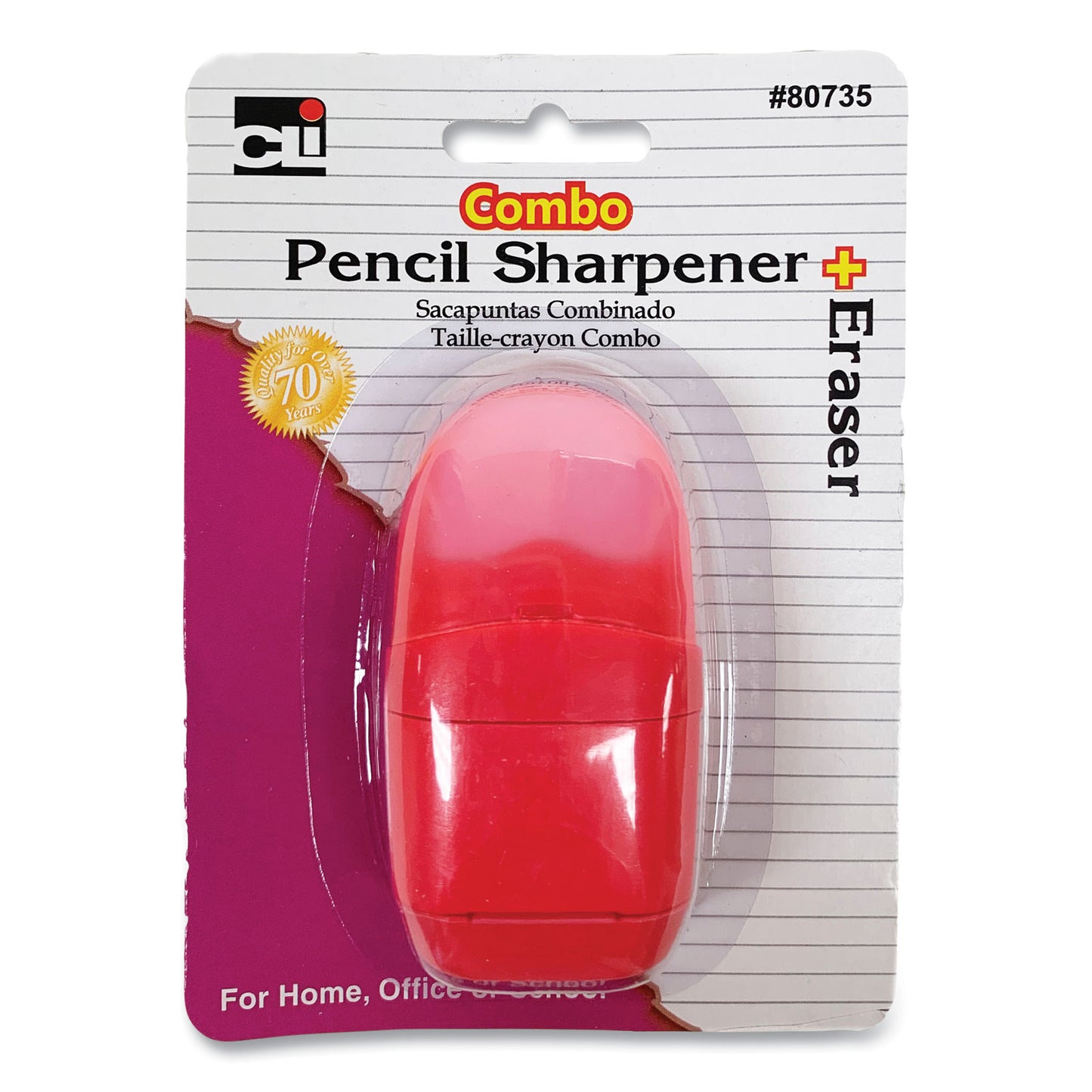 Charles Leonard One-Hole Pencil Sharpener/Eraser Combo, 1" x 0.75", Randomly Assorted Colors (80735)