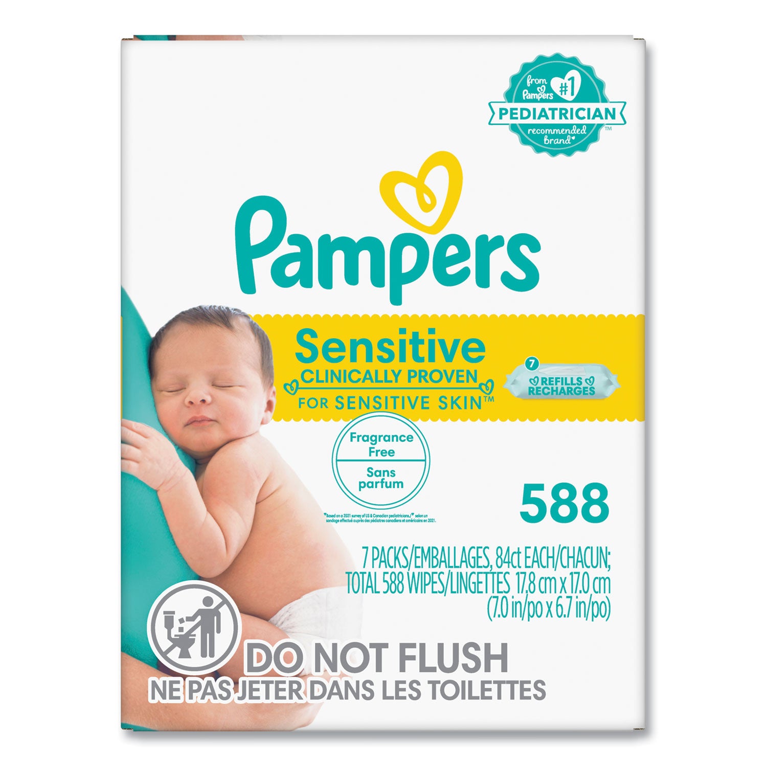 Pampers Sensitive Baby Wipes, 1-Ply, 6.7 x 7, Unscented, White, 84/Pack, 7/Carton (07325)