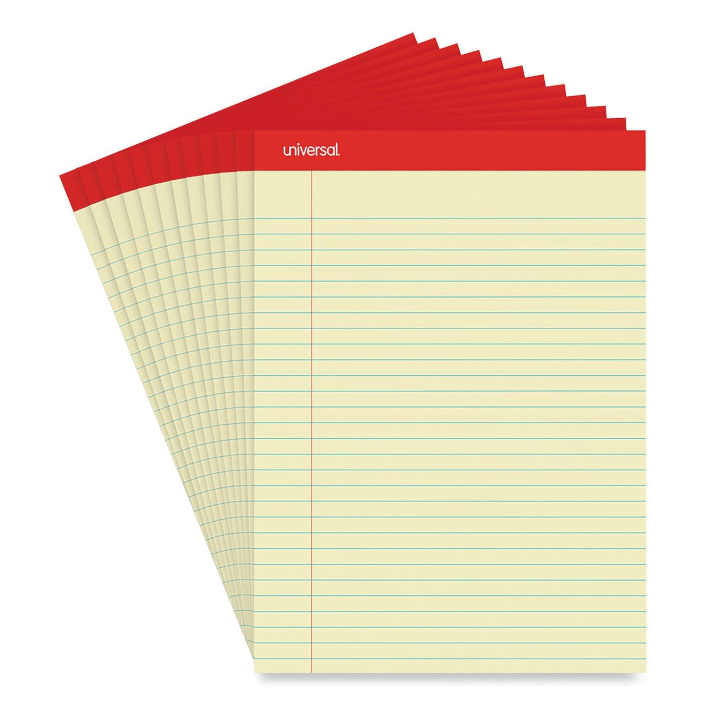 Universal Perforated Ruled Writing Pads, Wide/Legal Rule, Red Headband, 50 Canary-Yellow 8.5 x 11.75 Sheets, Dozen (10630)