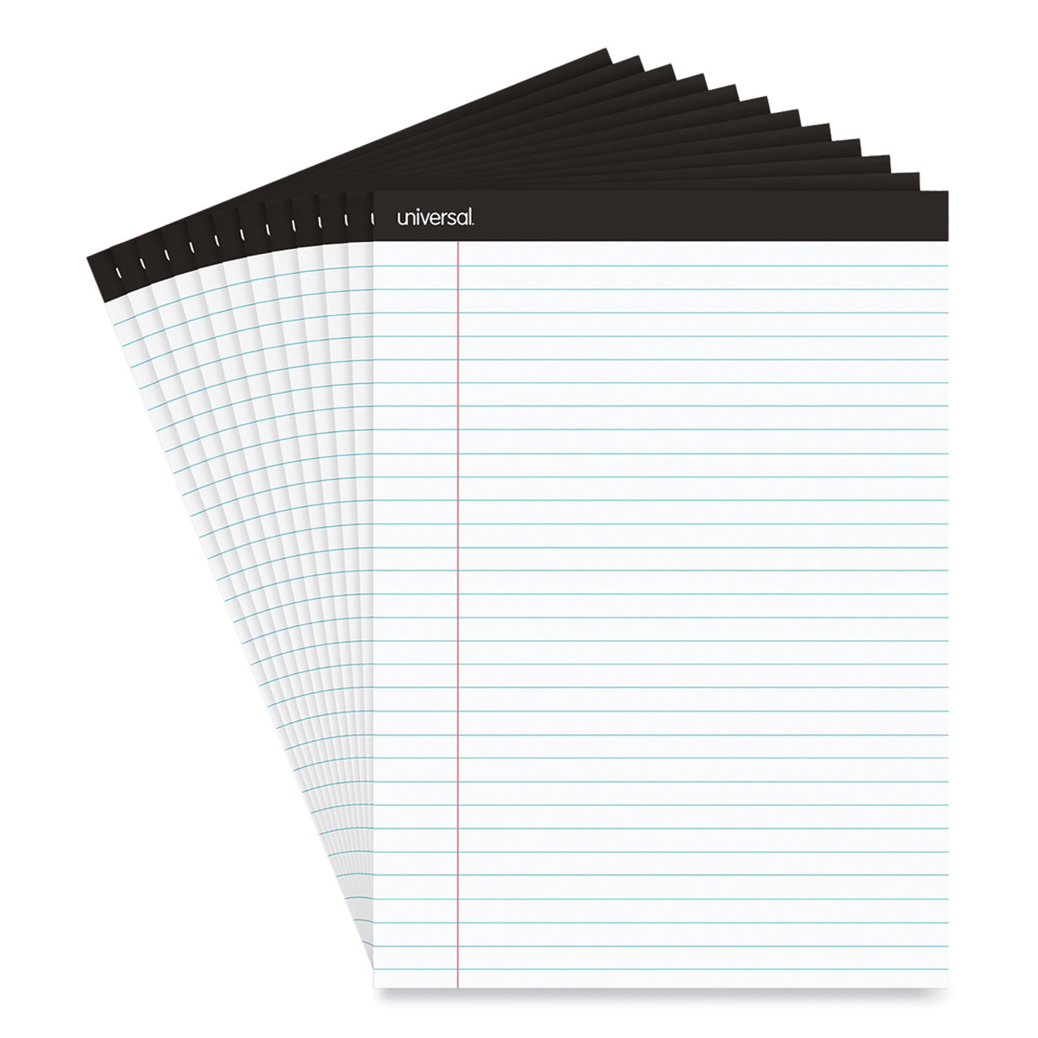 Universal Premium Ruled Writing Pads with Heavy-Duty Back, Wide/Legal Rule, Black Headband, 50 White 8.5 x 11 Sheets, 12/Pack (30730)