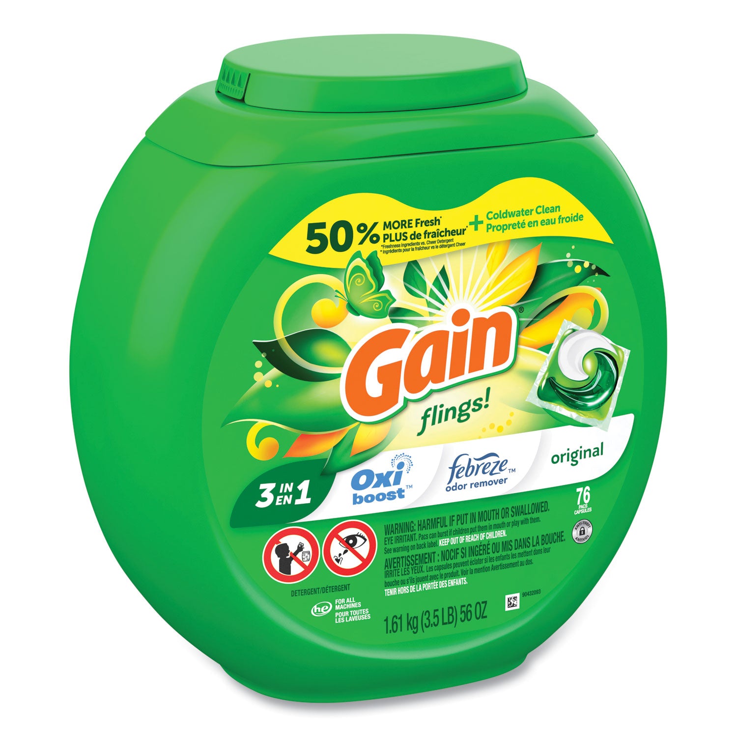 Gain Flings Detergent Pods, Original, 76 Pods/Tub (09207PK)