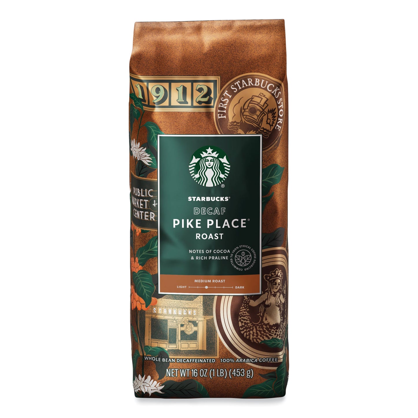 Starbucks Whole Bean Coffee, Decaffeinated, Pike Place, 1 lb, Bag (12540222)