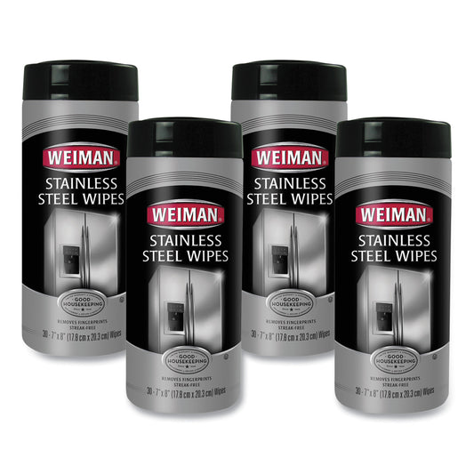 WEIMAN Stainless Steel Wipes, 1-Ply, 7 x 8, White, 30/Canister, 4 Canisters/Carton (92CT)