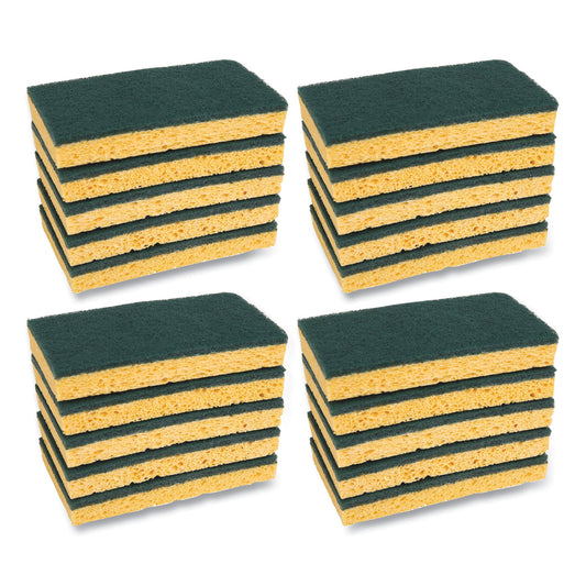 Boardwalk Scrubbing Sponge, Medium Duty, 3.6 x 6.1, 0.75" Thick, Yellow/Green, Individually Wrapped, 20/Carton (174)