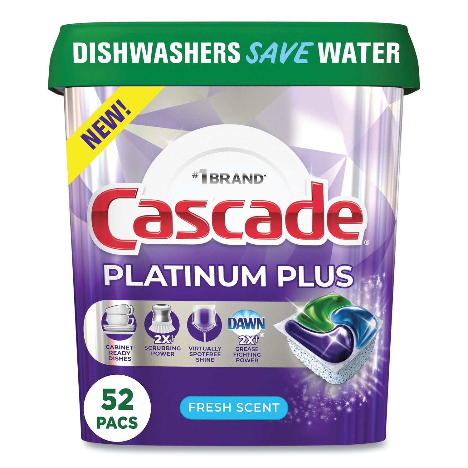 Cascade Platinum Plus ActionPacs Dishwasher Detergent Pods, Fresh Scent, 28.4 oz Tub, 52/Tub, 3 Tubs/Carton (06156)