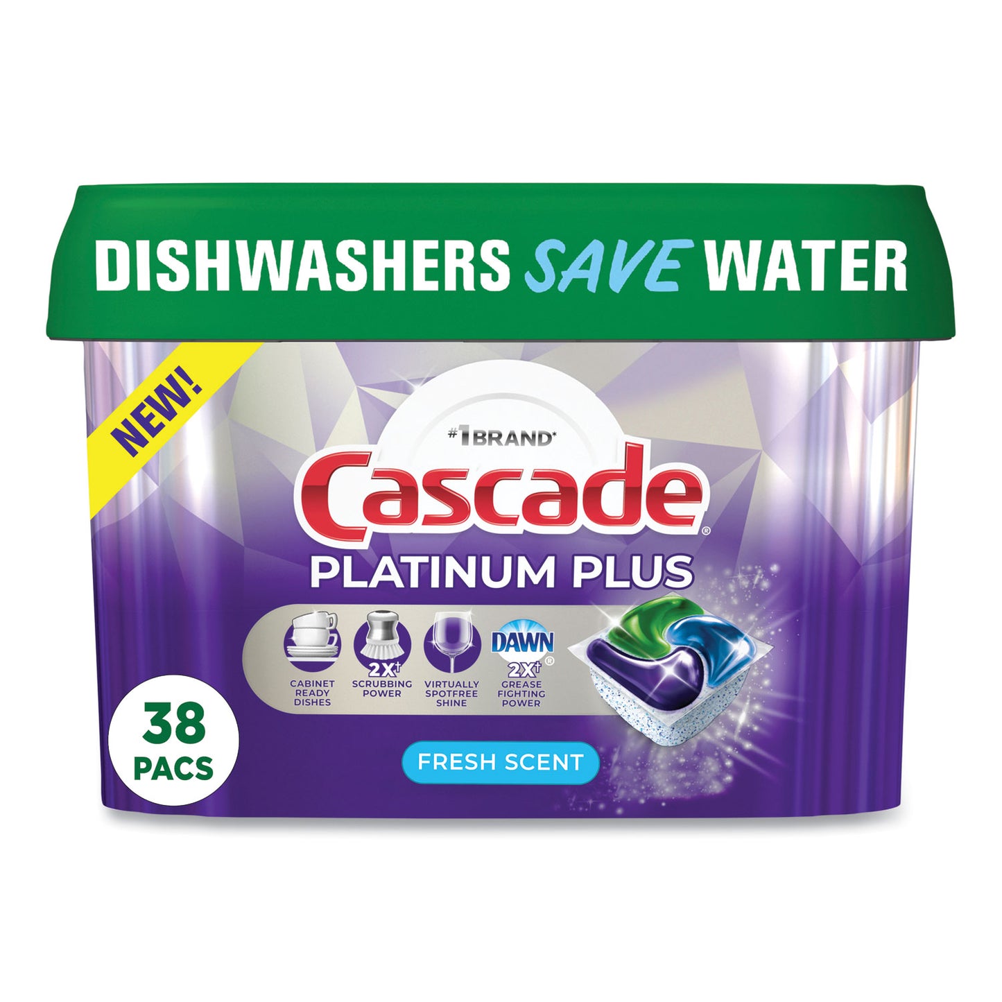 Cascade Platinum Plus ActionPacs Dishwasher Detergent Pods, Fresh Scent, 20.7 oz Tub, 38/Tub, 6/Carton (06157)