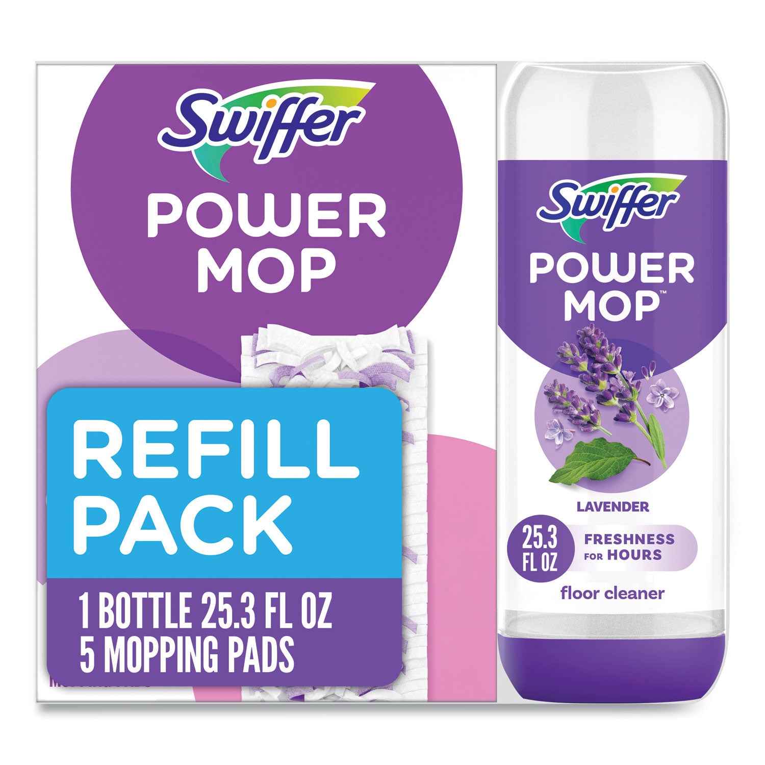 Swiffer PowerMop Cleaning Solution and Pads Refill Pack, Lavender, 25.3 oz Bottle and 5 Pads per Pack, 4 Packs/Carton (09117)