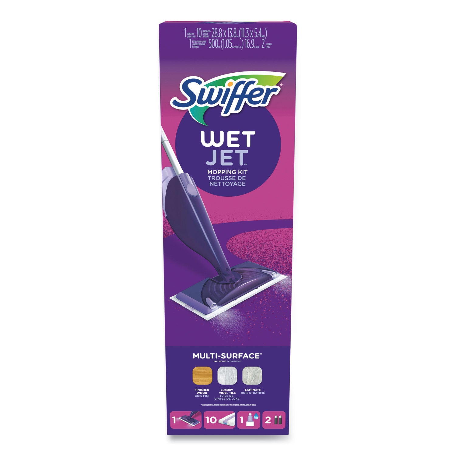 Swiffer WetJet Mop Starter Kit with 10 Pads and 1 Cleaner, 11.3 x 5.4 Head, Silver Handle (49886)