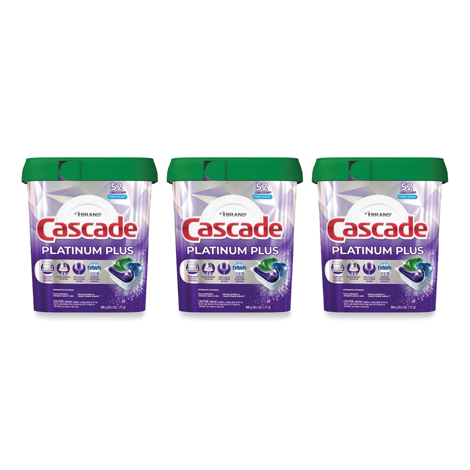 Cascade Platinum Plus ActionPacs Dishwasher Detergent Pods, Fresh Scent, 28.4 oz Tub, 52/Tub, 3 Tubs/Carton (06156)