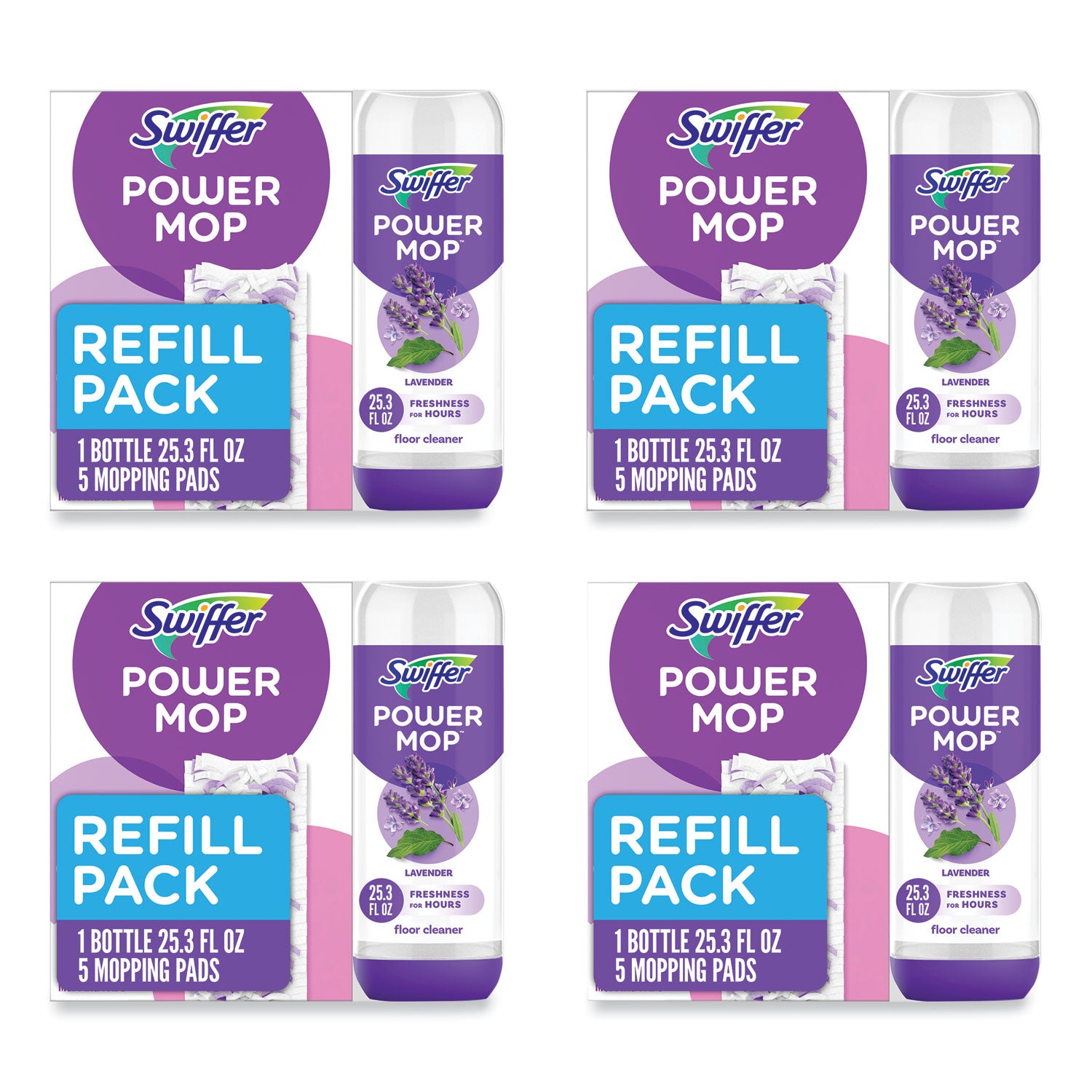 Swiffer PowerMop Cleaning Solution and Pads Refill Pack, Lavender, 25.3 oz Bottle and 5 Pads per Pack, 4 Packs/Carton (09117)