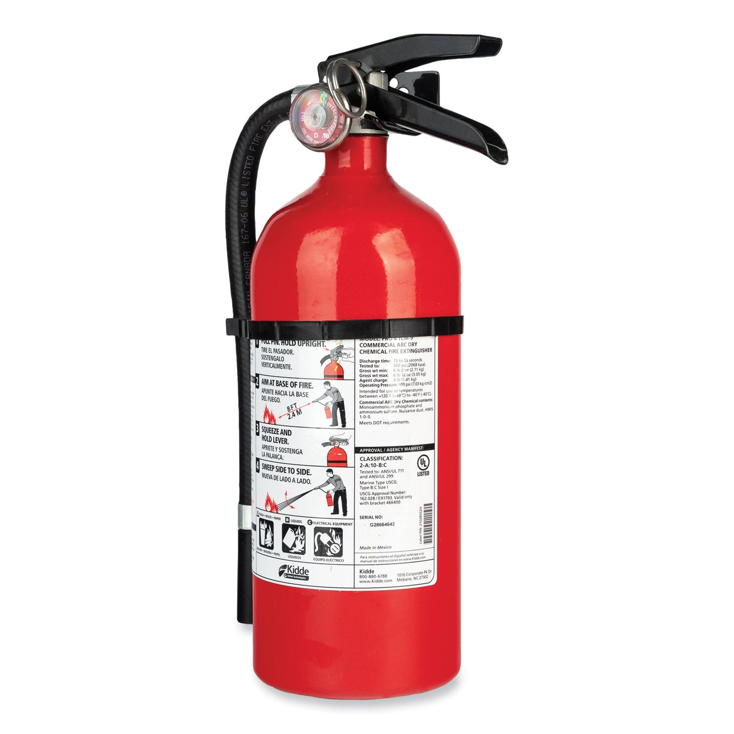 Kidde Pro 210 Fire Extinguisher, 2-A, 10-B:C, 4 lb (21005779)