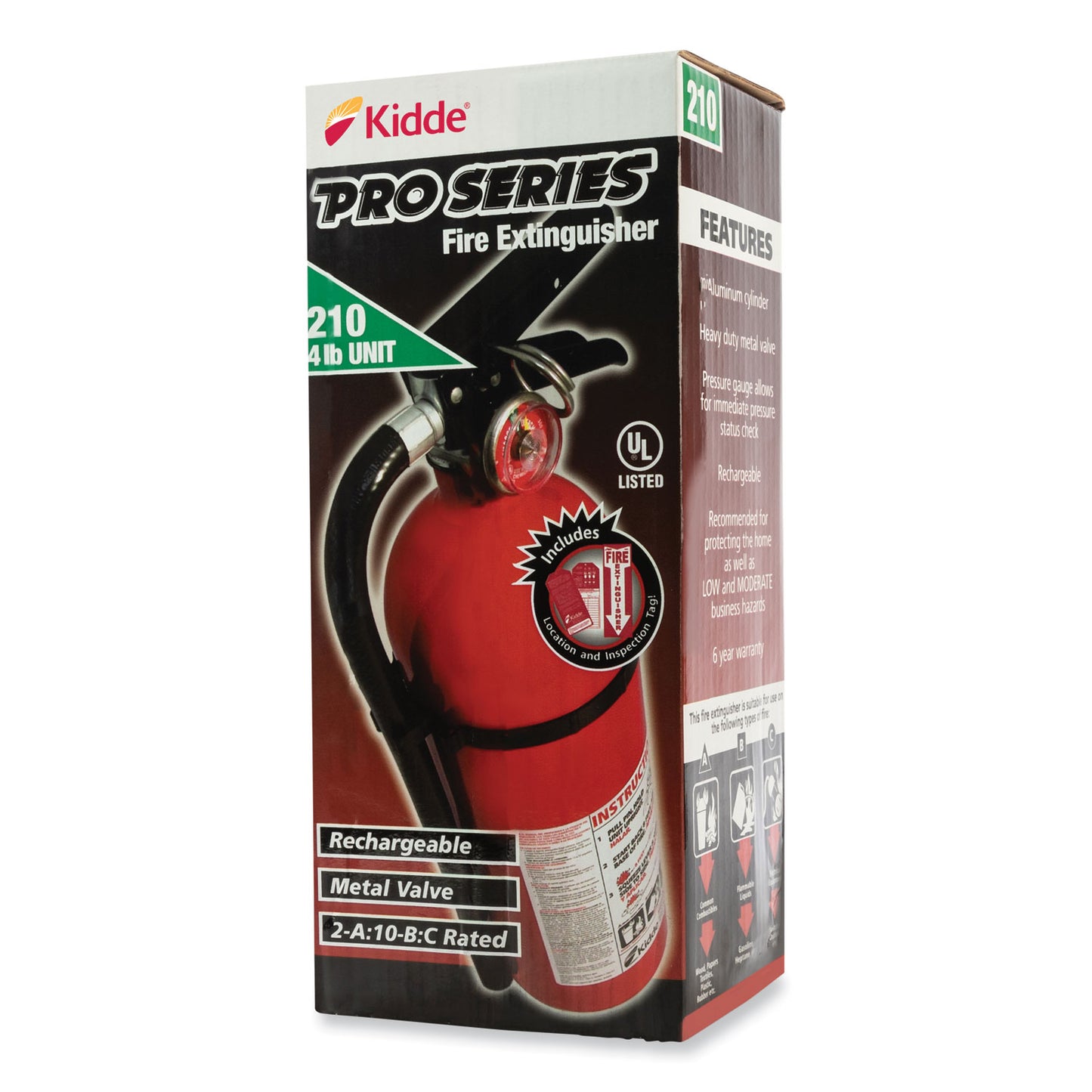 Kidde Pro 210 Fire Extinguisher, 2-A, 10-B:C, 4 lb (21005779)