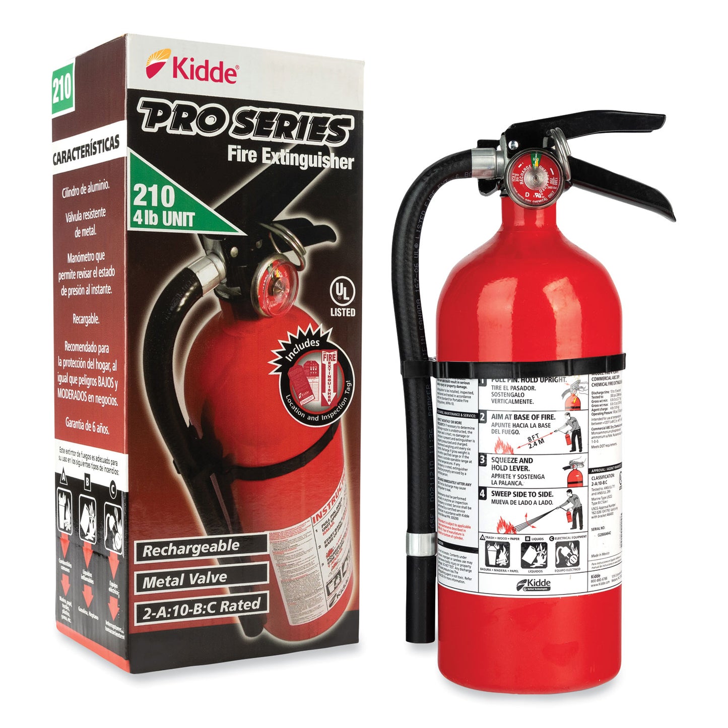 Kidde Pro 210 Fire Extinguisher, 2-A, 10-B:C, 4 lb (21005779)