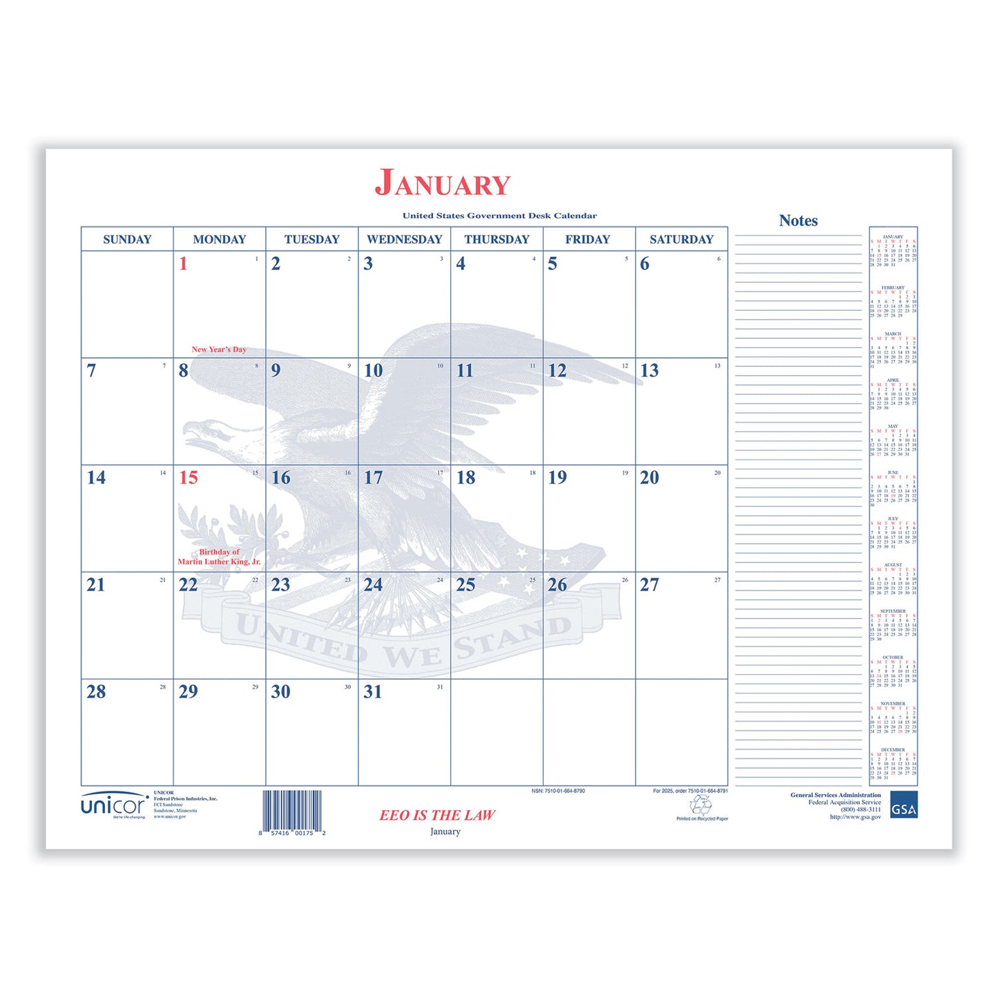 Unicor 7510016648791, Calendar Blotter, 22 x 18, White Sheets, 13-Month: Jan 2025 to Jan 2026