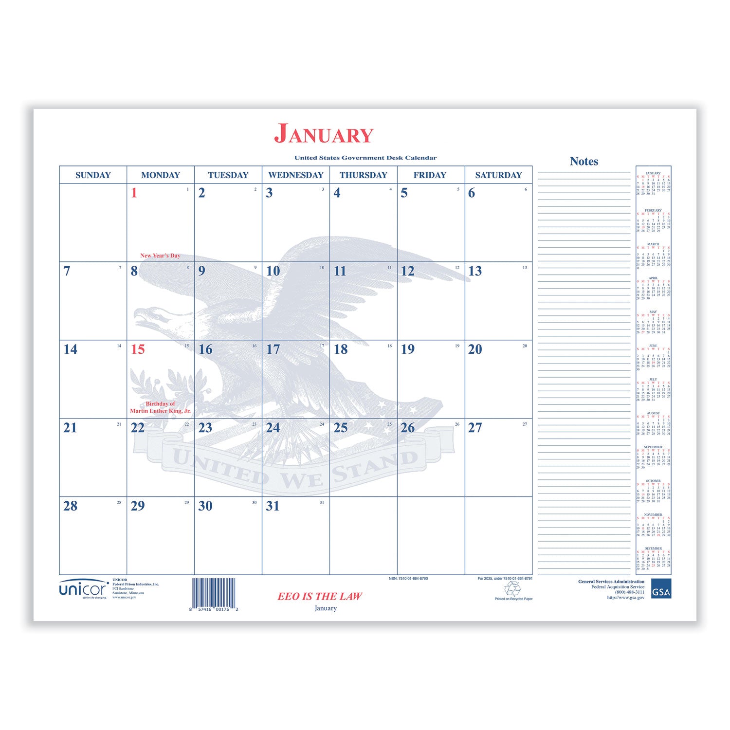 Unicor 7510016648791, Calendar Blotter, 22 x 18, White Sheets, 13-Month: Jan 2025 to Jan 2026