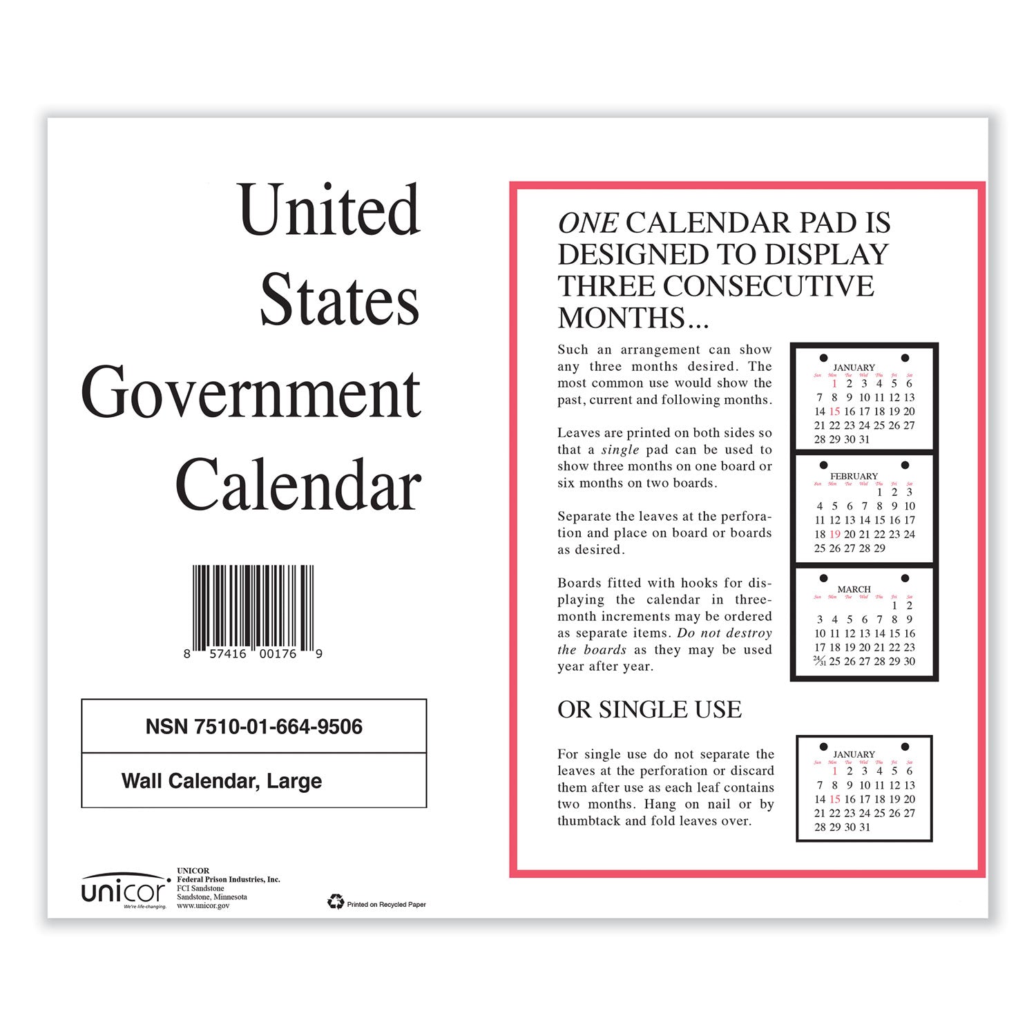 Unicor 7510016649508, Perforated Monthly Wall Calendar, 11 x 9, White Sheets, 12-Month (Jan to Dec): 2025, 10/Pack