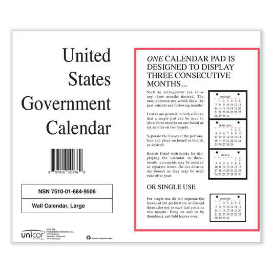 Unicor 7510016649508, Perforated Monthly Wall Calendar, 11 x 9, White Sheets, 12-Month (Jan to Dec): 2025, 10/Pack