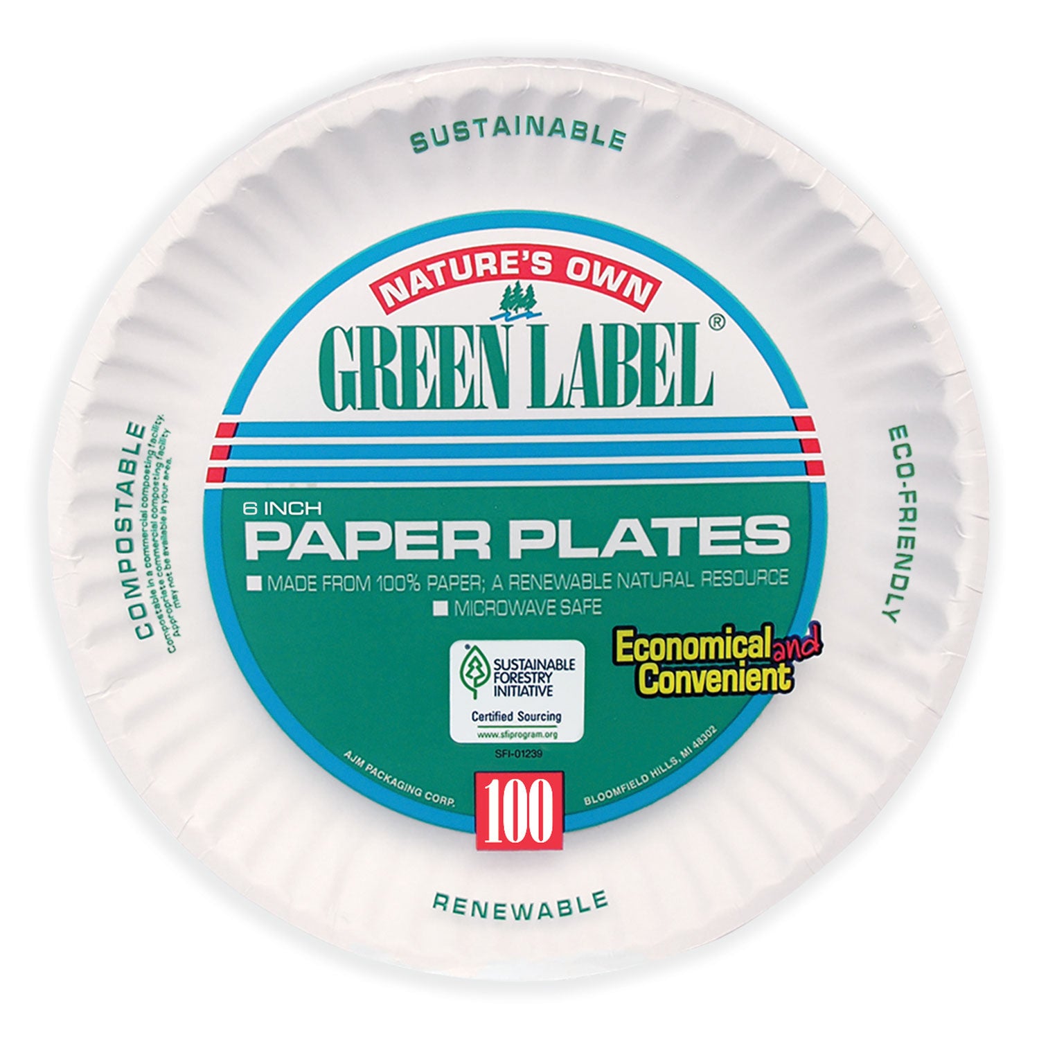 AJM White Paper Plates, 6" dia, 100/Pack, 10 Packs/Carton (PP6GREWH)