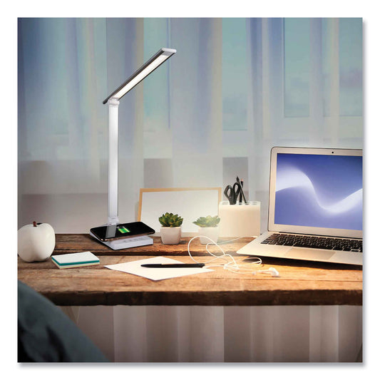 OttLite Wellness Series Entice LED Desk Lamp with Wireless Charging, Silver Arm, 11" to 22" High, White (CSDQA02WSHPR)