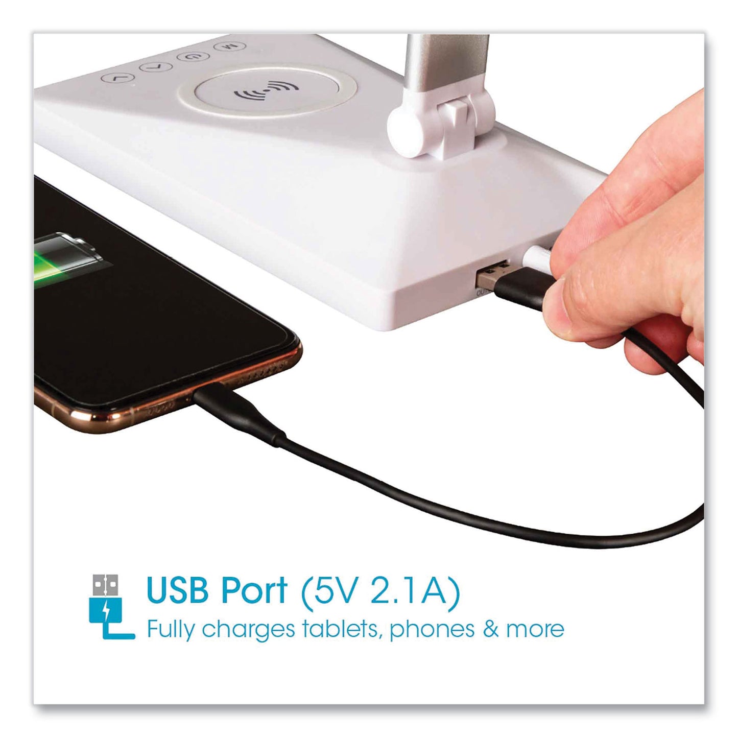 OttLite Wellness Series Entice LED Desk Lamp with Wireless Charging, Silver Arm, 11" to 22" High, White (CSDQA02WSHPR)