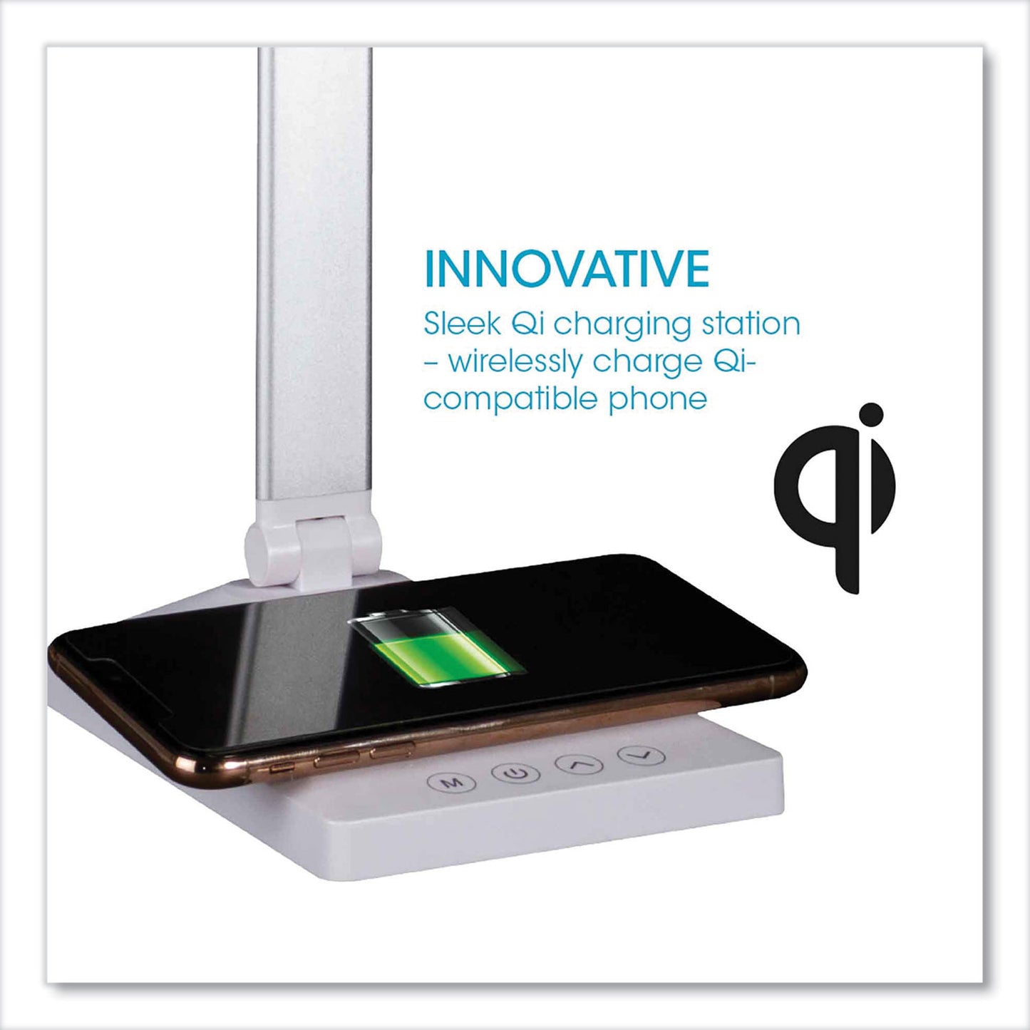 OttLite Wellness Series Entice LED Desk Lamp with Wireless Charging, Silver Arm, 11" to 22" High, White (CSDQA02WSHPR)