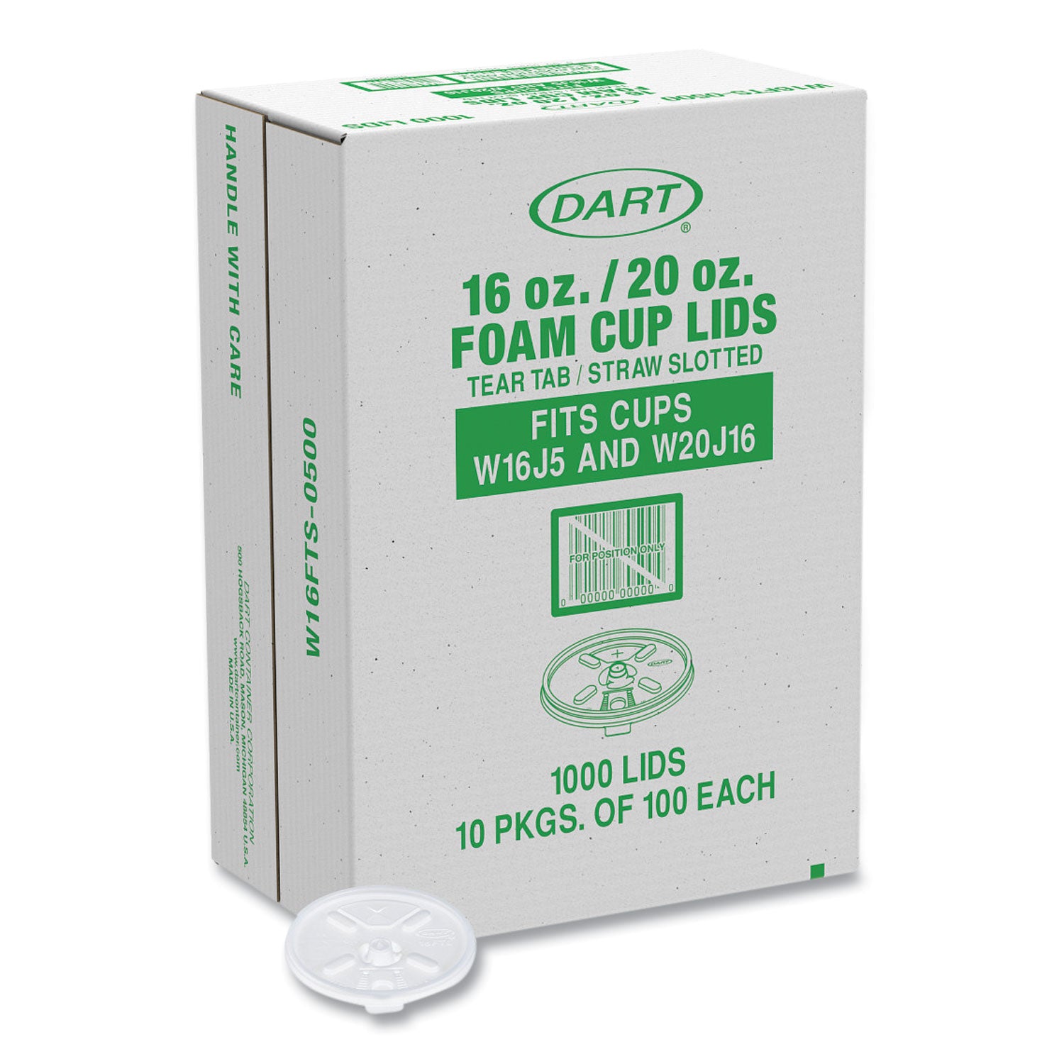 Dart Lids for Foam Cups and Containers, Fits 16 oz, 20 oz Cups, Translucent, 1,000/Carton (W16FTS)