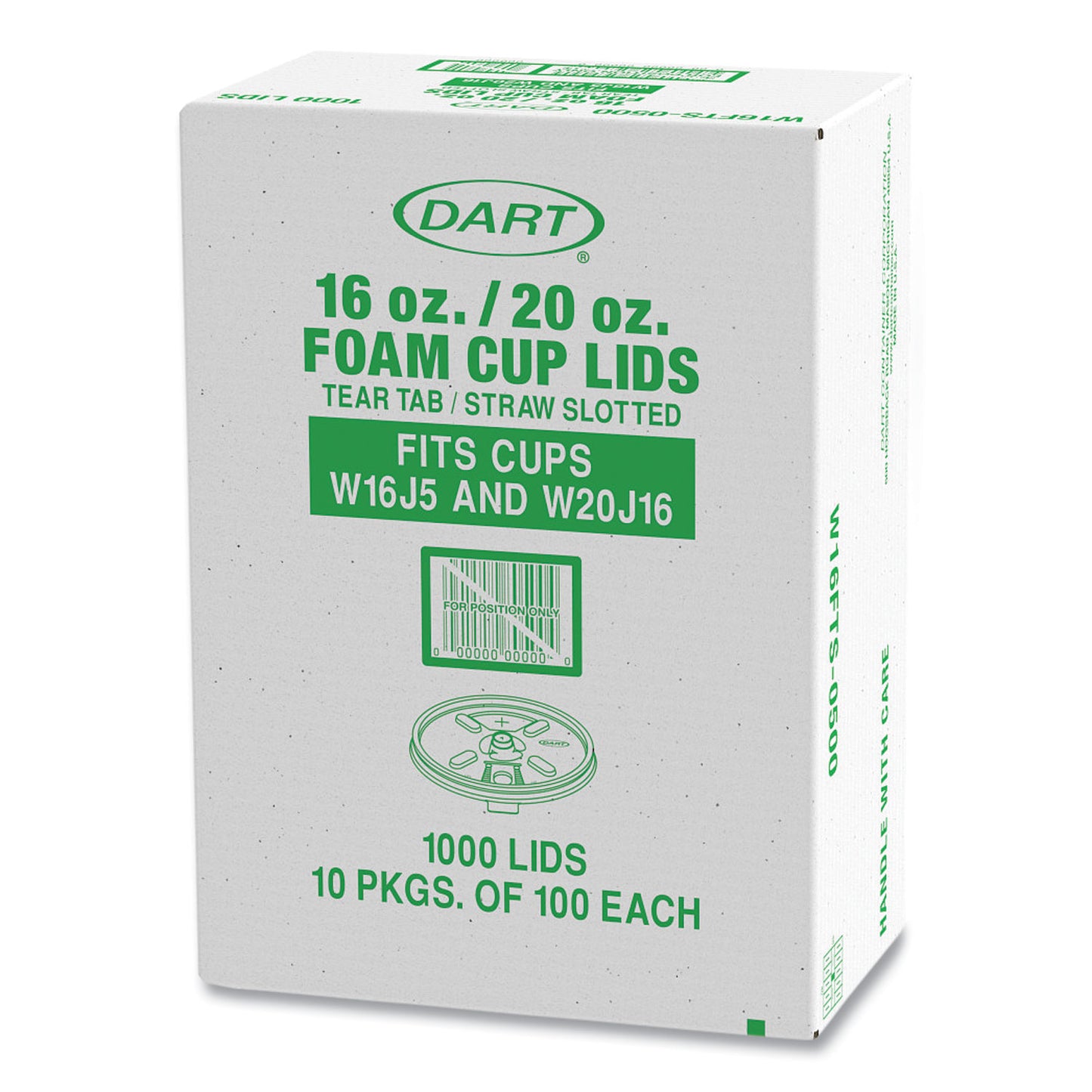 Dart Lids for Foam Cups and Containers, Fits 16 oz, 20 oz Cups, Translucent, 1,000/Carton (W16FTS)