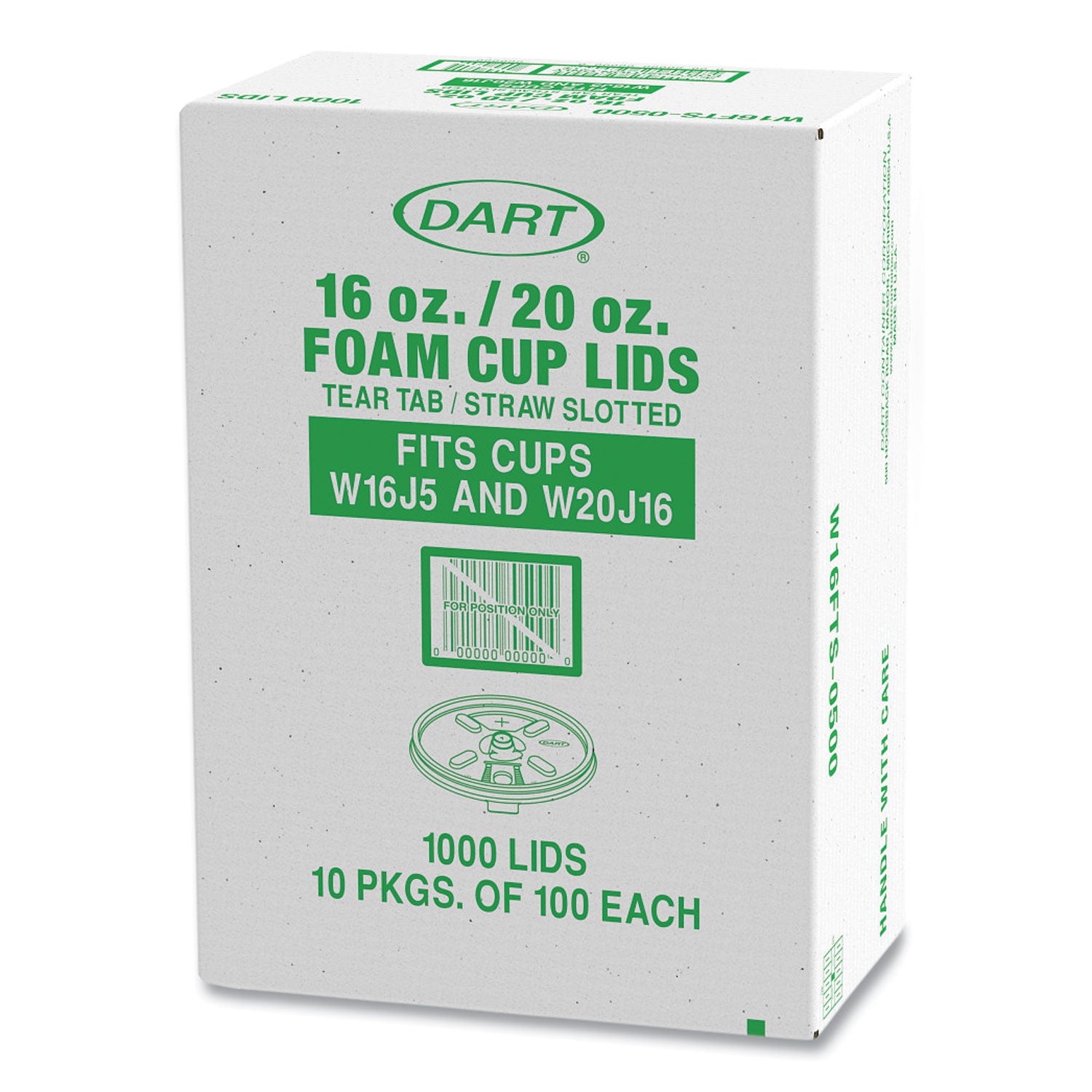 Dart Lids for Foam Cups and Containers, Fits 16 oz, 20 oz Cups, Translucent, 1,000/Carton (W16FTS)