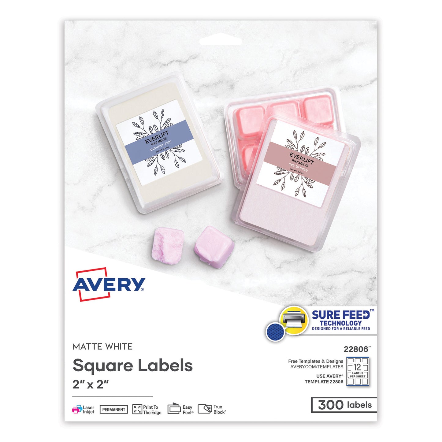 Avery Square Labels with Sure Feed and TrueBlock, 2 x 2, White, 300/Pack (22806)